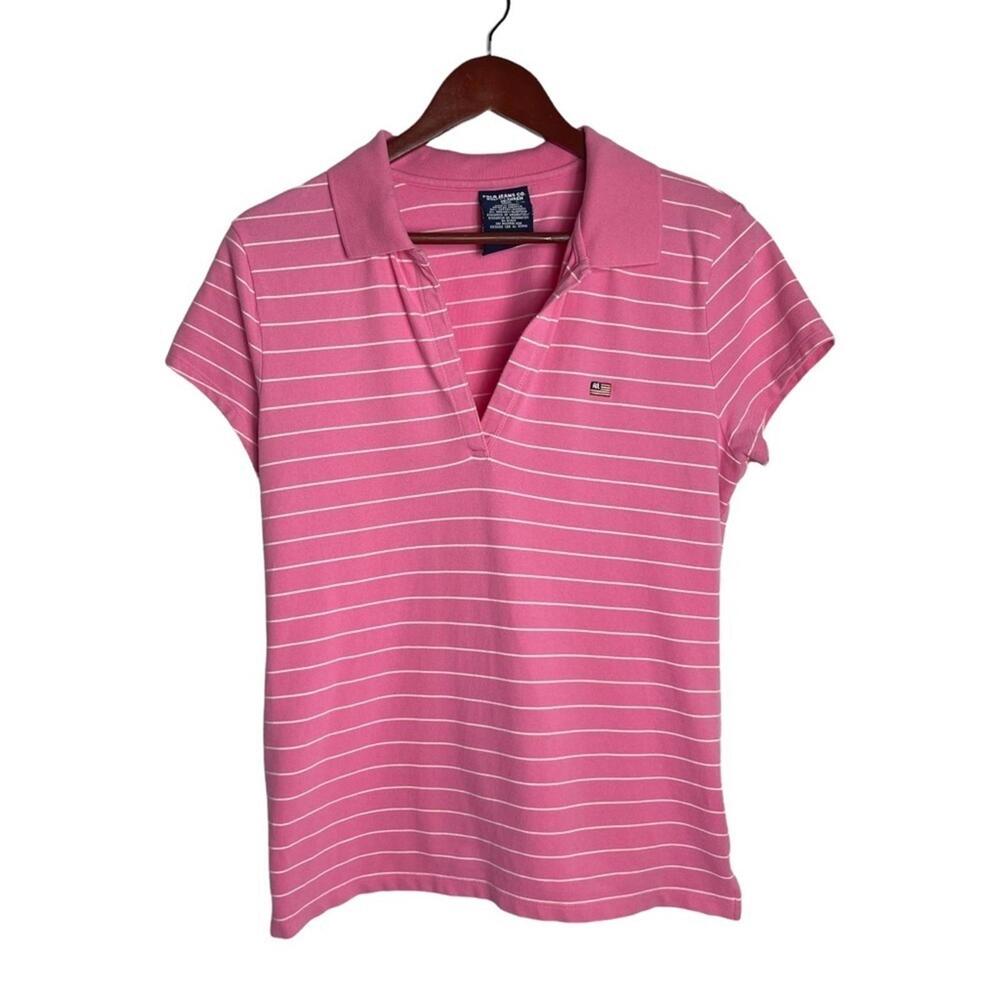 Polo Jeans Co Ralph Lauren Women Pink White Stripe Short Sleeve Polo Shirt Top